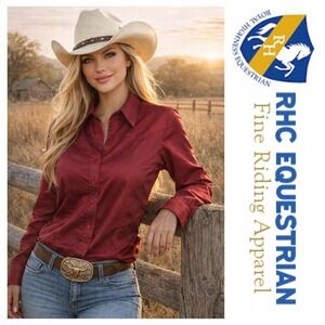 Royal Highness Equestrian Ladies Satin Burgundy Horse Show Shirt Rhinestones XL